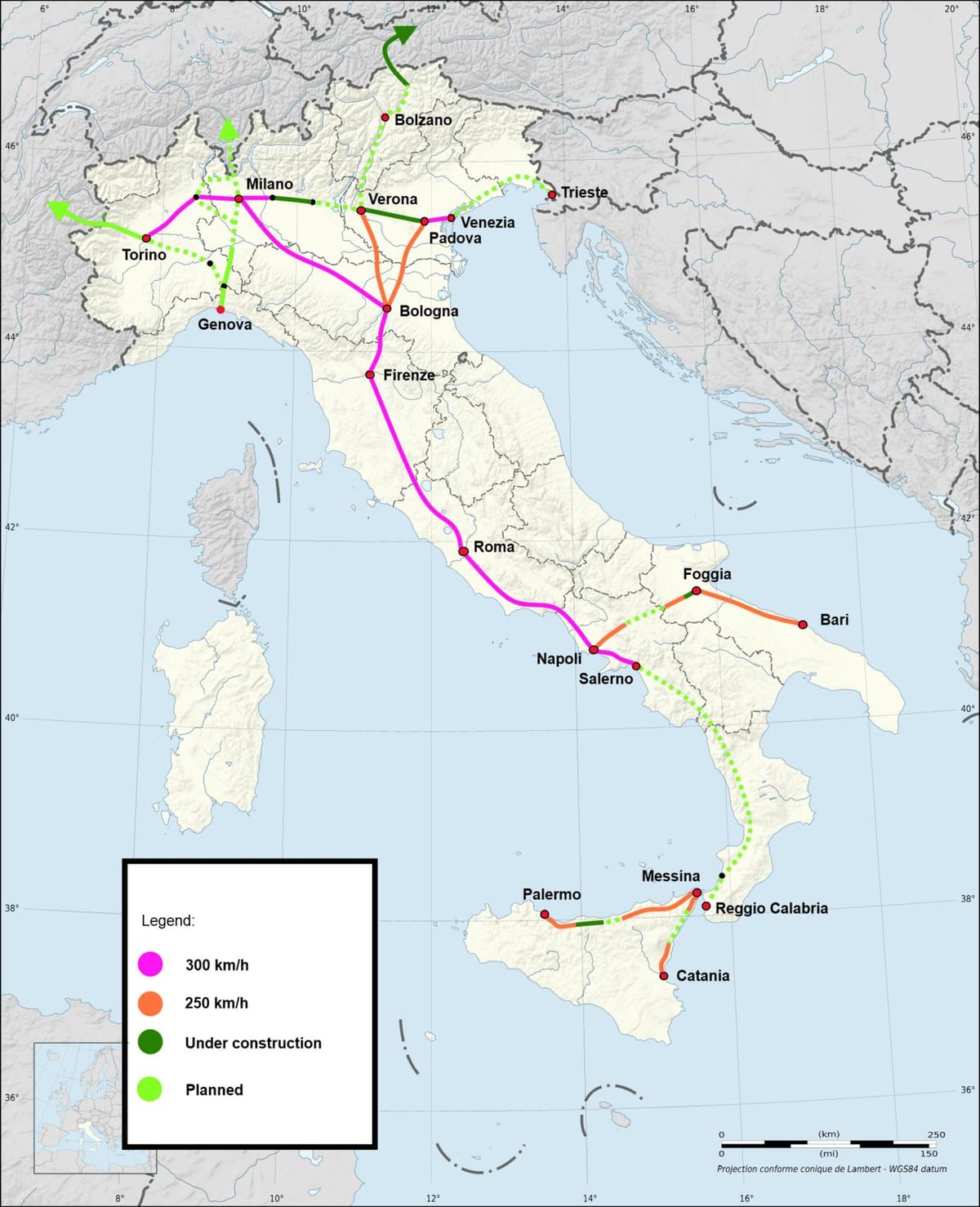 Itália ferroviário de alta velocidade mapa