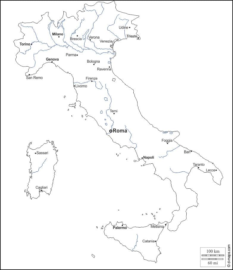 contorno do mapa da Itália com as cidades