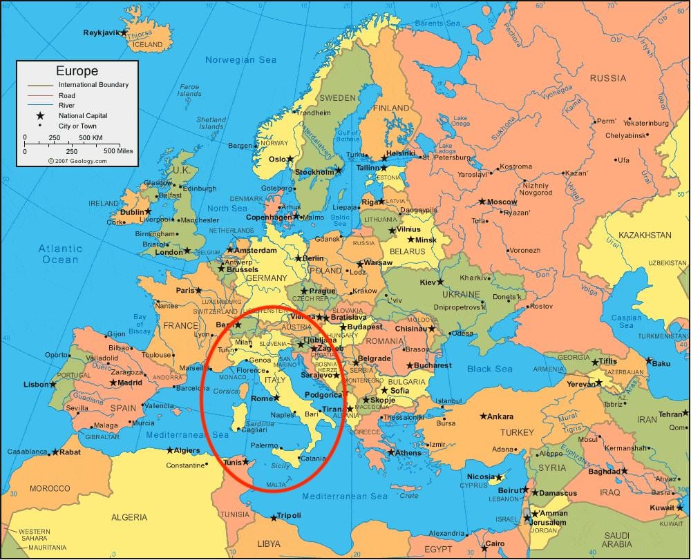 mapa da Itália e da europa