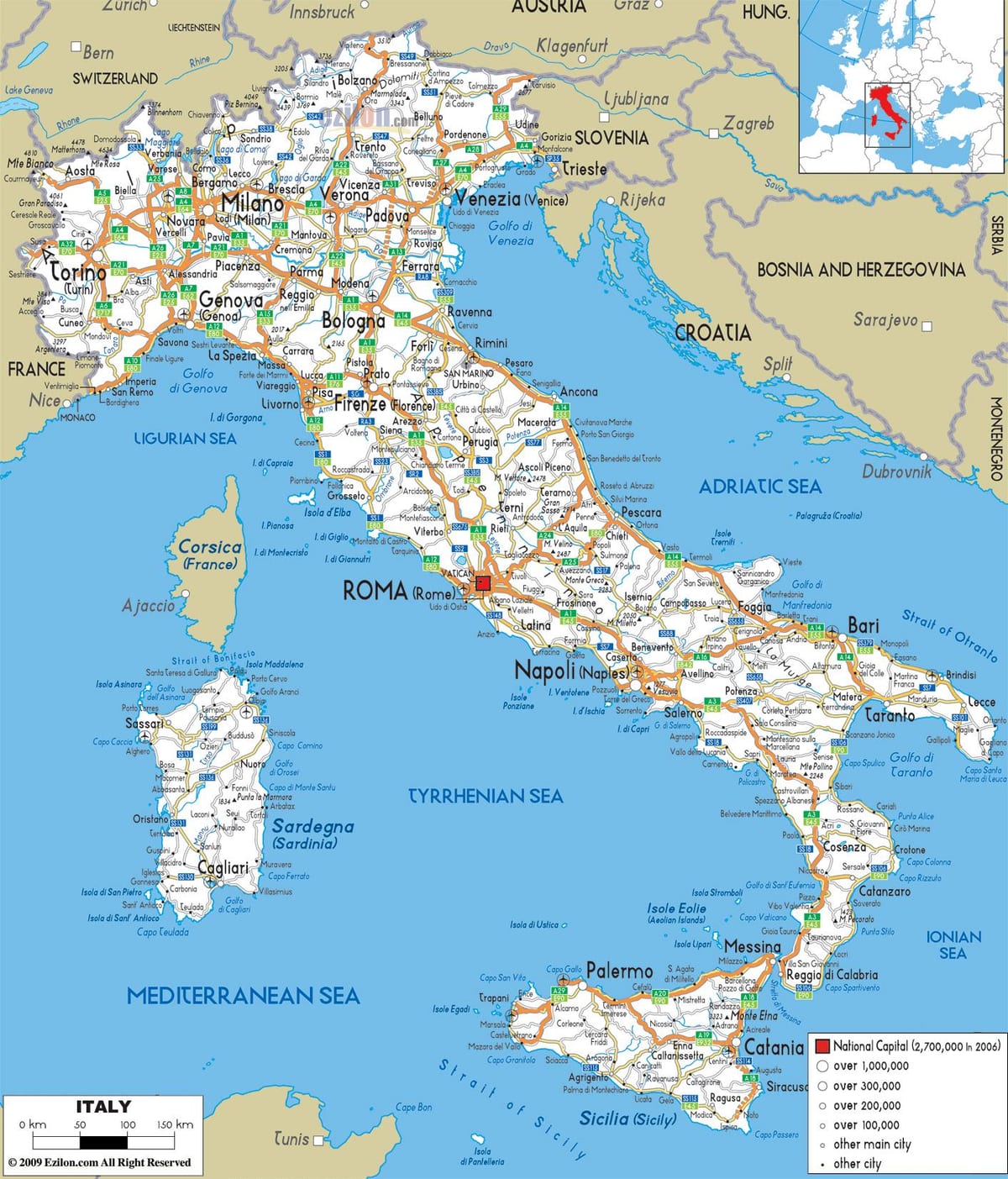 mapa de estradas de Itália detalhada