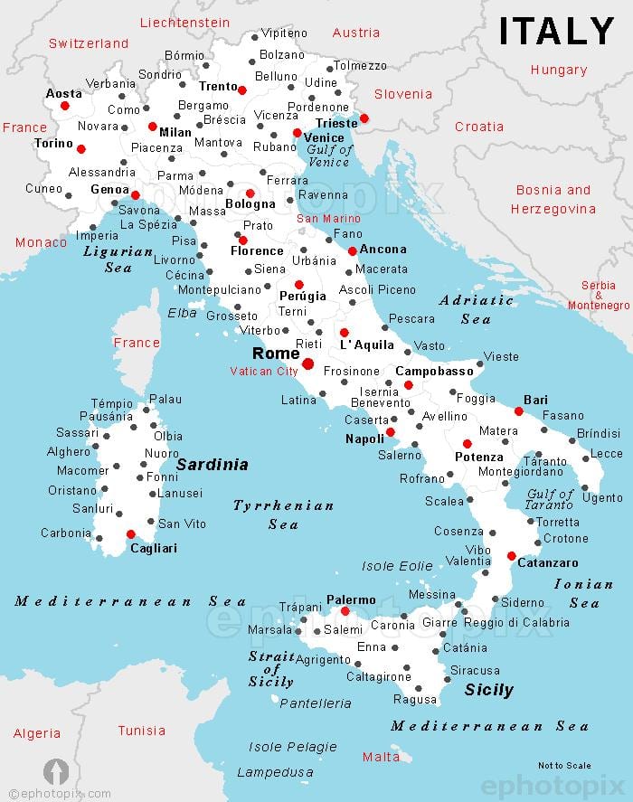 mapa detalhado da Itália, com as cidades e vilas
