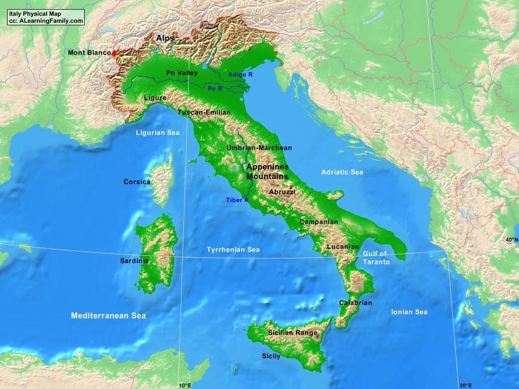 mapa da Itália montanhas