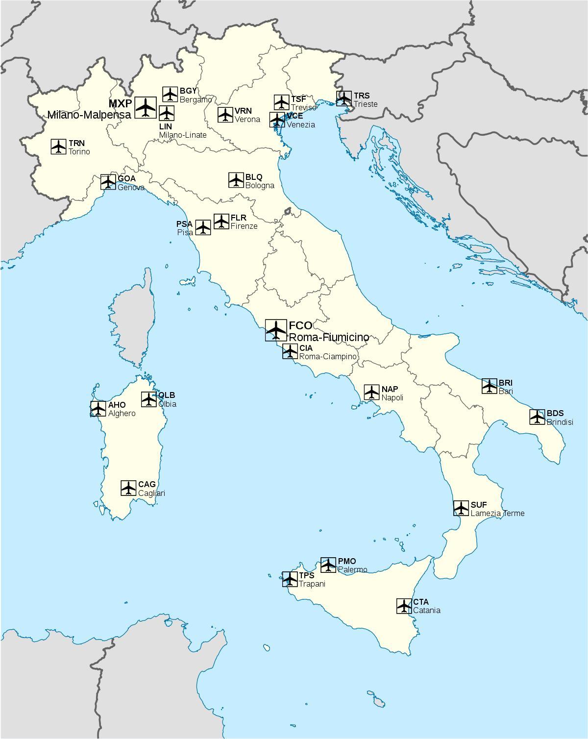 aeroportos internacionais na Itália mapa