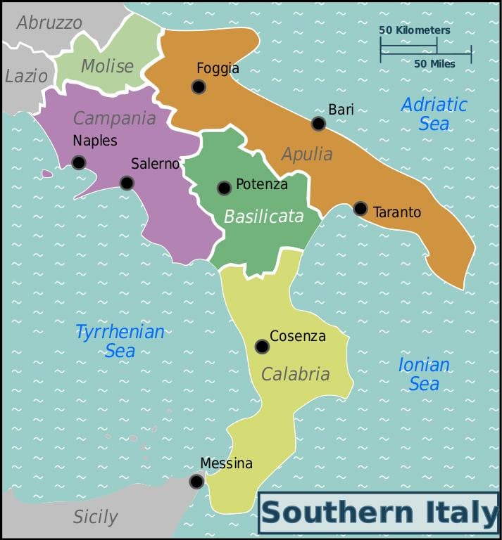 mapa do sul da Itália, com as cidades