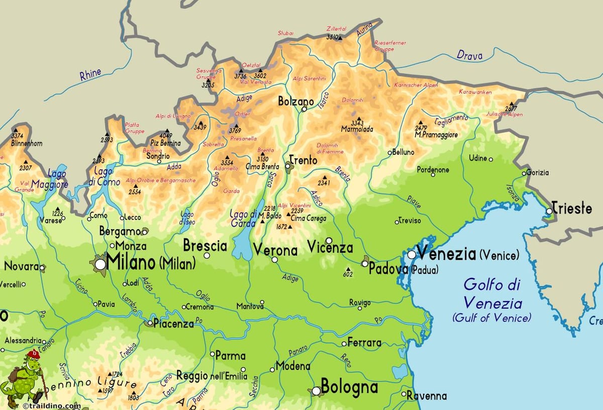 mapa do nordeste da Itália